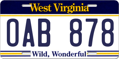 WV license plate OAB878