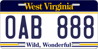 WV license plate OAB888
