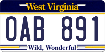 WV license plate OAB891