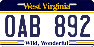 WV license plate OAB892