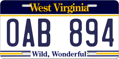 WV license plate OAB894