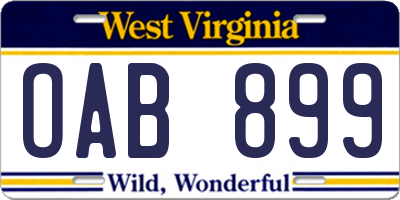 WV license plate OAB899