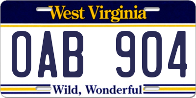 WV license plate OAB904