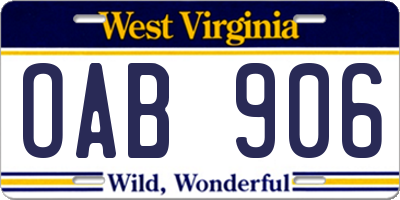 WV license plate OAB906