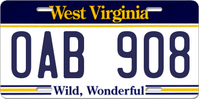WV license plate OAB908