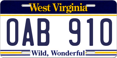 WV license plate OAB910