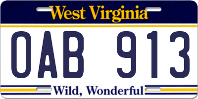WV license plate OAB913