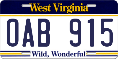 WV license plate OAB915