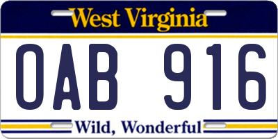 WV license plate OAB916