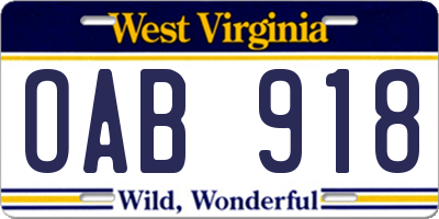 WV license plate OAB918
