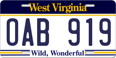 WV license plate OAB919