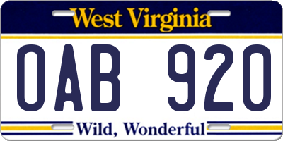 WV license plate OAB920
