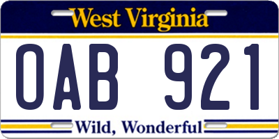 WV license plate OAB921