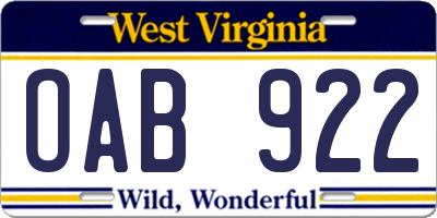 WV license plate OAB922