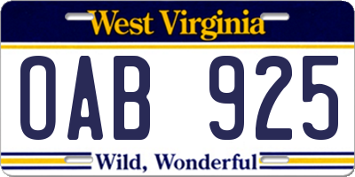 WV license plate OAB925