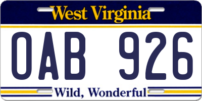 WV license plate OAB926