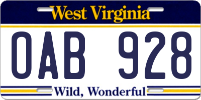 WV license plate OAB928