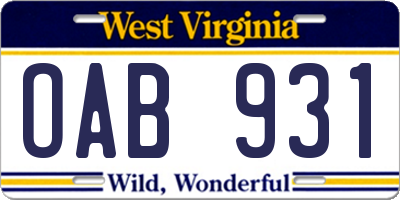 WV license plate OAB931