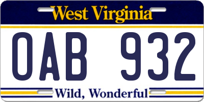 WV license plate OAB932