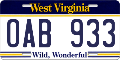 WV license plate OAB933