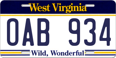 WV license plate OAB934