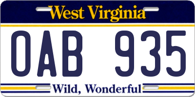 WV license plate OAB935