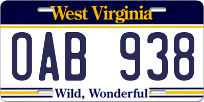 WV license plate OAB938