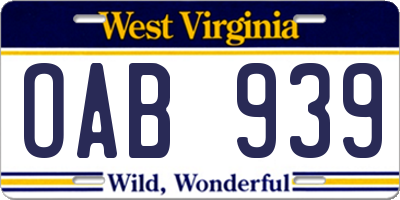 WV license plate OAB939