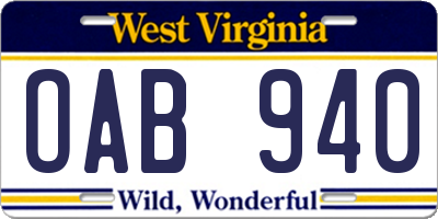 WV license plate OAB940