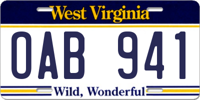 WV license plate OAB941