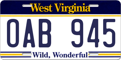 WV license plate OAB945