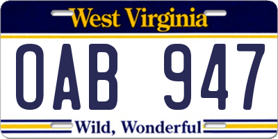 WV license plate OAB947