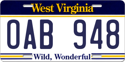 WV license plate OAB948