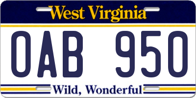 WV license plate OAB950