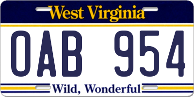 WV license plate OAB954