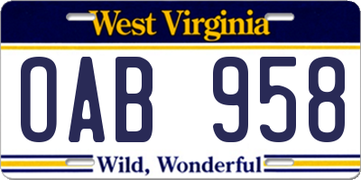 WV license plate OAB958