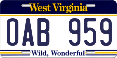 WV license plate OAB959