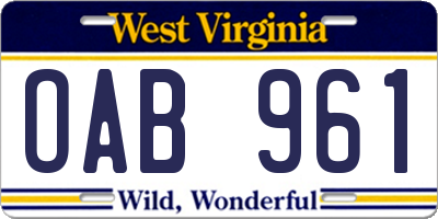 WV license plate OAB961