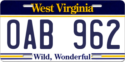 WV license plate OAB962