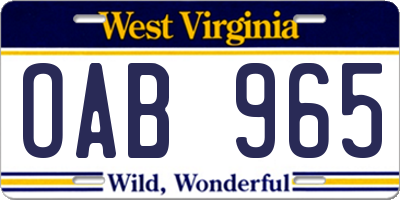 WV license plate OAB965