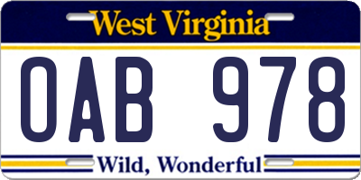 WV license plate OAB978