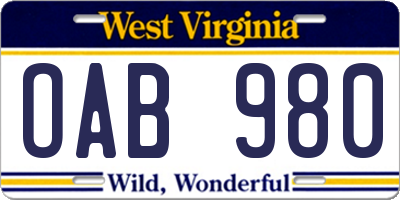 WV license plate OAB980