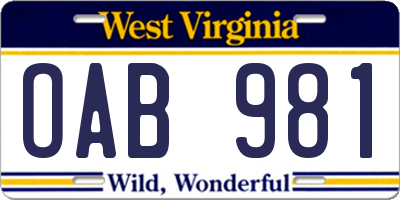 WV license plate OAB981