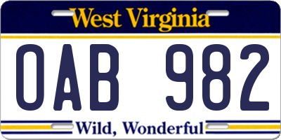 WV license plate OAB982