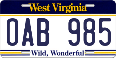 WV license plate OAB985