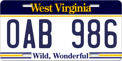 WV license plate OAB986