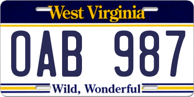WV license plate OAB987