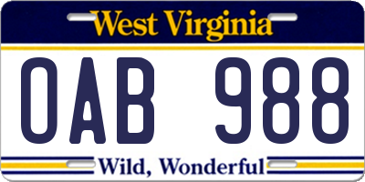 WV license plate OAB988