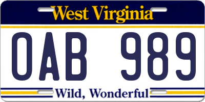 WV license plate OAB989