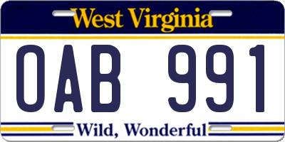 WV license plate OAB991